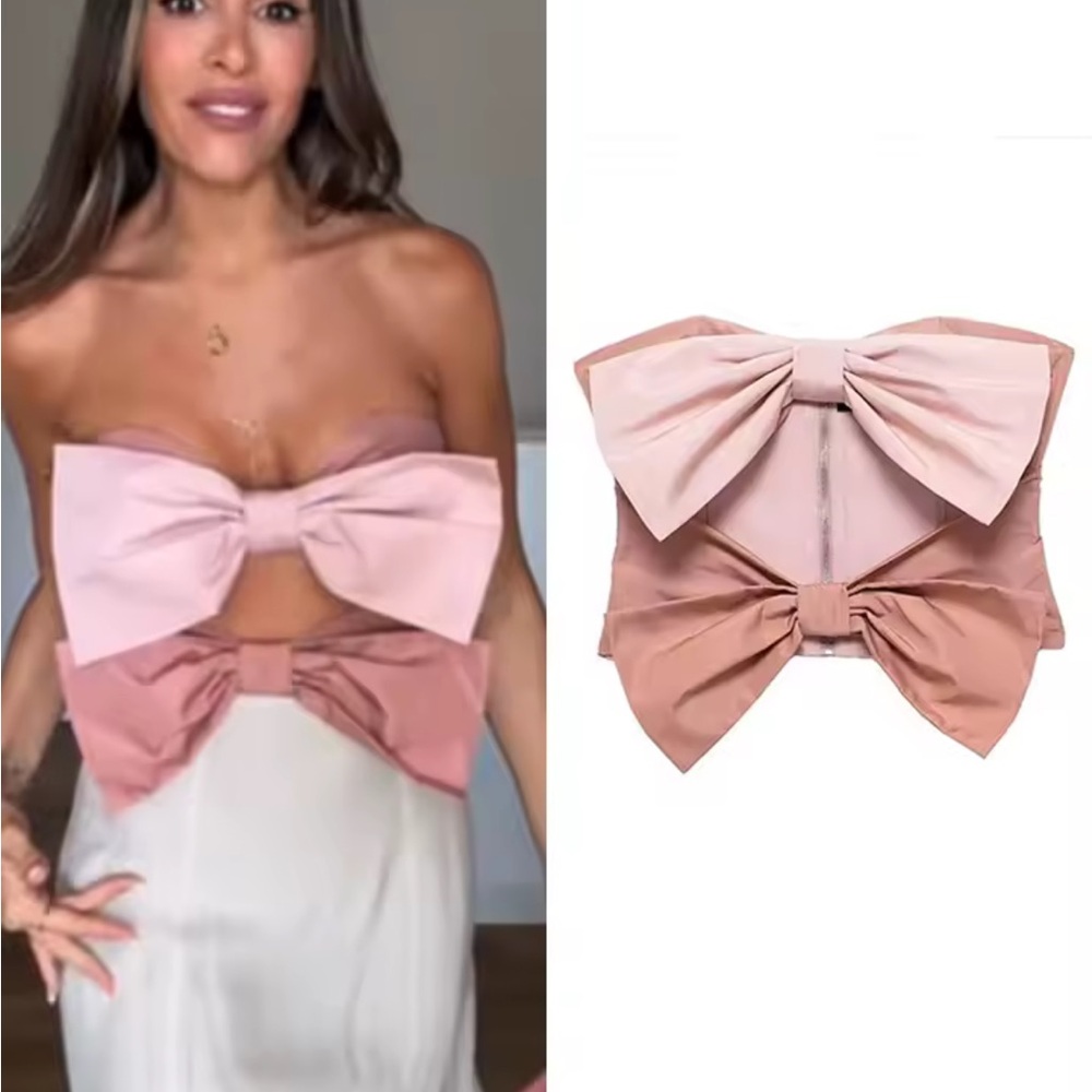 Pink and Tan Bow Blouse S